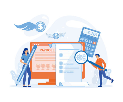 Male and female characters working on payroll administrative. Man and woman use pencil and magnifier to examine payroll check, flat vector modern illustration
