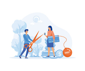 Debt burden concept, Man with scissors cuts chain of young girl with card. Financial illiteracy and debt, bankruptcy and mortgage. flat vector modern illustration