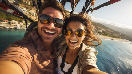 Young Couple Enjoying Parasailing and Taking a Selfie - obrazy, fototapety, plakaty