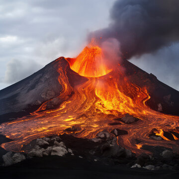 volcano with active lava flow..