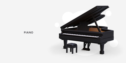 Realistic black grand piano, stool. Classical keyboard musical instrument. Color horizontal banner with place for text. Concert announcement. Advertisement of piano lessons