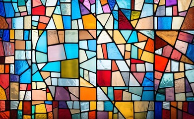 Multicolored stained glass with an irregular pattern of random blocks