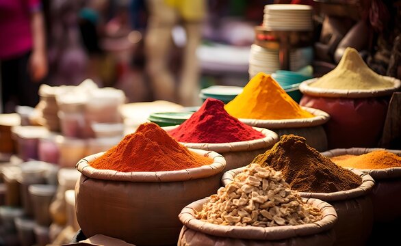 Traditional spices and dry fruits in local bazaar in India.	