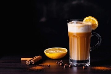 a glass of iced drink with lemon next to a hot latte with cinnamon
