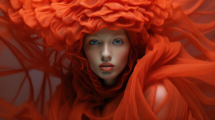 portrait mode d'un modèle avec une tenue excentrique orange rouge composée de chapeau et foulards - obrazy, fototapety, plakaty