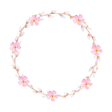 watercolor illustration round flower frame. floral wreath of pink flowers and willow branches with a bow. cute illustration for spring and easter card. delicate wreath of flowers and willow.