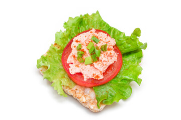 Rice Cake Sandwich with Tomato, Lettuce, Fish Cream and Green Onions - Isolated on White. Easy Breakfast. Diet Food. Quick and Healthy Sandwiches. Crispbread with Tasty Filling - Isolation