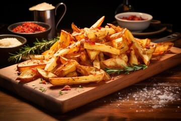 leftover potato fries on a wooden board