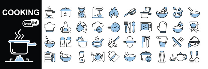 Cooking and kitchen  icon collection .Outline Style Blue Icon Set  Cooking book, frying time, hot pan. vector illustration.