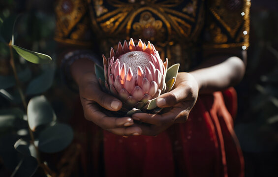 An African woman gently cradles a protea flower in her hands in a celebration of life, nature and growth.