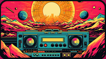 Cosmic comic panels, blending retro space exploration themes with 90s tech gadgets in pop art style AI generative