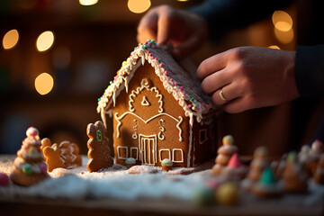 Close-up hands adding sweet decorations to a gingerbread house for Christmas
