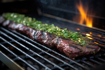 skirt steak being grilled on a charcoal bbq