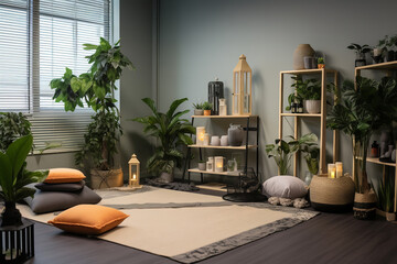 A designated yoga corner in an open space office features yoga mats and props, inviting employees to stretch and meditate - obrazy, fototapety, plakaty