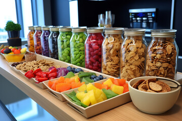A DIY snack bar stocked with healthy options offers a nutritious break for employees in the open space office environment