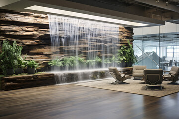 A small waterfall feature in an open space office provides soothing sounds, creating a serene environment for relaxation - obrazy, fototapety, plakaty