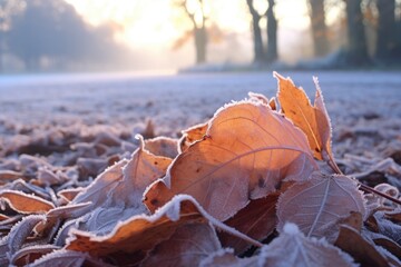 delicate frost on autumn leaves on the ground - Powered by Adobe