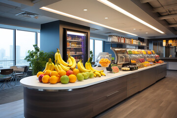 A fresh fruit and snack bar offers a variety of healthy options for employees looking for a quick bite in an open space office - Powered by Adobe