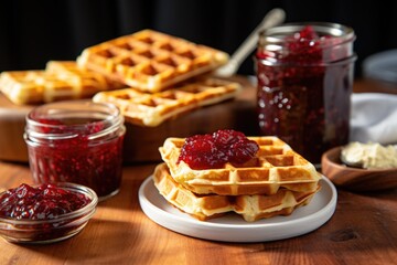 waffles with a spread of raspberry jam on top