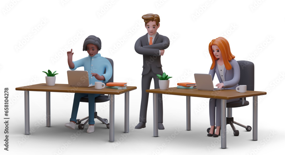 Aufkleber head and office workers with laptops. control of workflow. management of subordinates. successful pe
