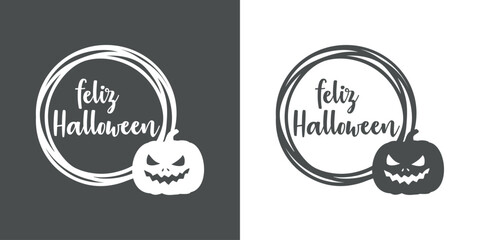 Logo con marco circular con líneas con silueta de calabaza de Halloween Jack O Lantern con letras palabra manuscrita feliz Halloween en español © teracreonte