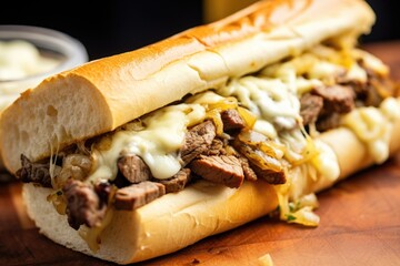 close-up shot of a philly cheesesteak, showing the texture of meat and cheese