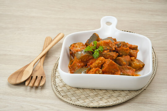 Terong Balado, stir fried eggplant with spices, traditional Indonesian food.

