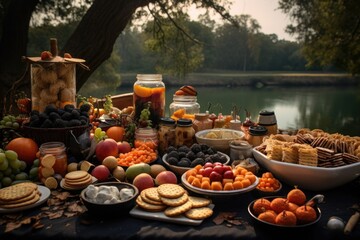 a picnic spot arranged with a halloween-themed snack spread