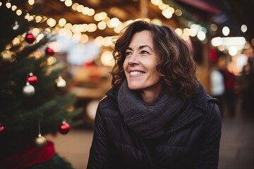 Portrait of happy mature woman at christmas market in evening time
