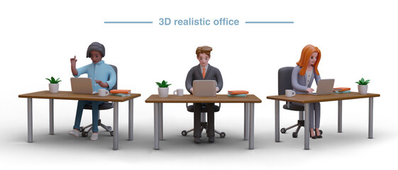 Realistic office, workplace. Male and female vector characters sitting at desks and working in laptops. Comfortable modern workplace. Concept on white background