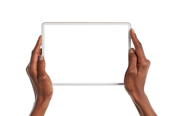 Black woman hands holding digital tablet isolated on white background