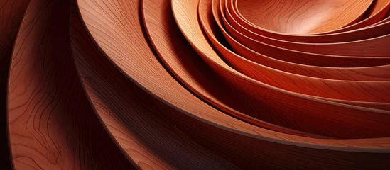 Wandcirkels aluminium Walnut wood furniture panel with a circular spiral pattern as a background element for wall decoration © AkuAku