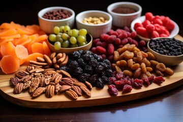 berries, nuts, and dried fruit on wooden board