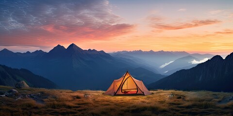 Sunrise serenity. Camping amidst mountain beauty. Mountains retreat. Tenting in nature embrace. Hiking adventure. Tenting under colorful sunset sky