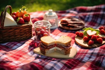 a picnic set with a heart-shaped sandwich on a plaid blanket