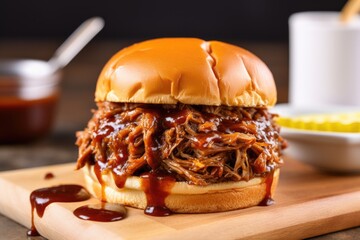 pulled pork sandwich with a toothpick holding it together