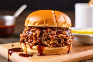 Rolgordijnen pulled pork sandwich with a toothpick holding it together © altitudevisual