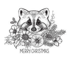Christmas card with hand drawn funny raccoon with winter floral wreath of plants and flowers. Vector illustration in sketch style.