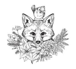 Christmas card with hand drawn funny fox and bird with winter floral wreath of plants and flowers. Vector illustration in sketch style.