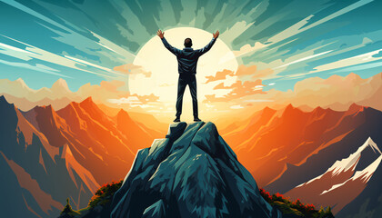 Illustration that embodies the concept of success, featuring a triumphant individual standing atop a majestic mountain	