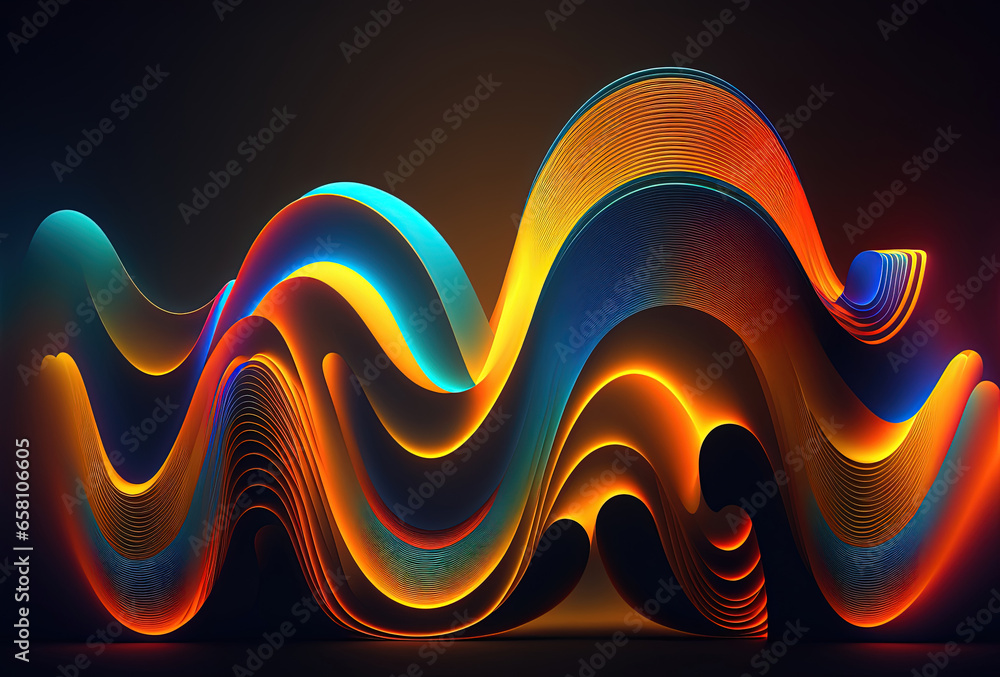 Poster neon colored waves on a dark background. abstract glowing spectrum lines. psychedelic aesthetic. 3d 