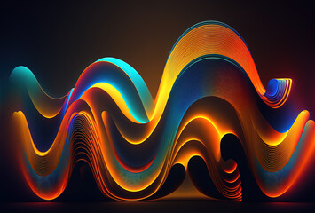 Neon colored waves on a dark background. Abstract glowing spectrum lines. Psychedelic aesthetic. 3D rendering. AI generated.