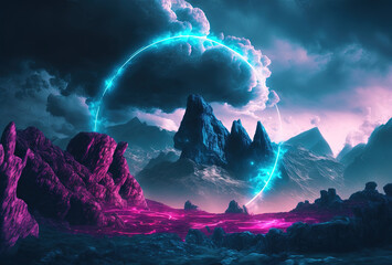 Fantastic mountain scenery with a round neon portal against a cloudy, thunderous sky. Surrealistic dystopian alien world. 3D rendering. AI generated.