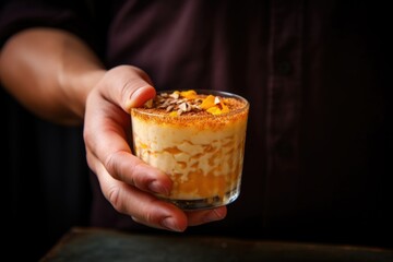 hand grabbing a cup of spicy rice pudding cocktail - obrazy, fototapety, plakaty