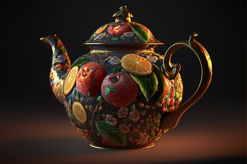 Beautiful tea kettle. Volumetric pattern of fruits, berries, citrus fruits. 3D rendering. AI generated.