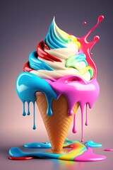 Ice cream cone with flowing multicolored droplets on pastel background. 3D rendering. AI generated.