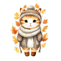 watercolor autumn cute cat clipart