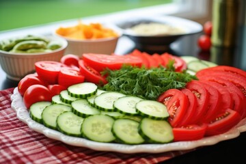 ripe and sliced tomatoes and cucumbers on a platter