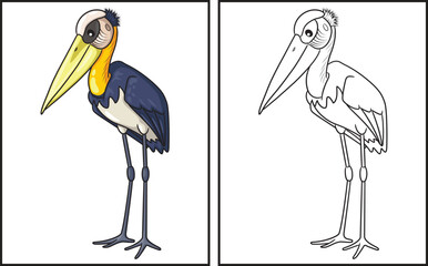 Coloring book cute bald stork. Coloring page and colorful clipart character. Vector cartoon illustration.