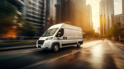 commercial delivery van moving fast in the city - distribution, logistics and delivery business...